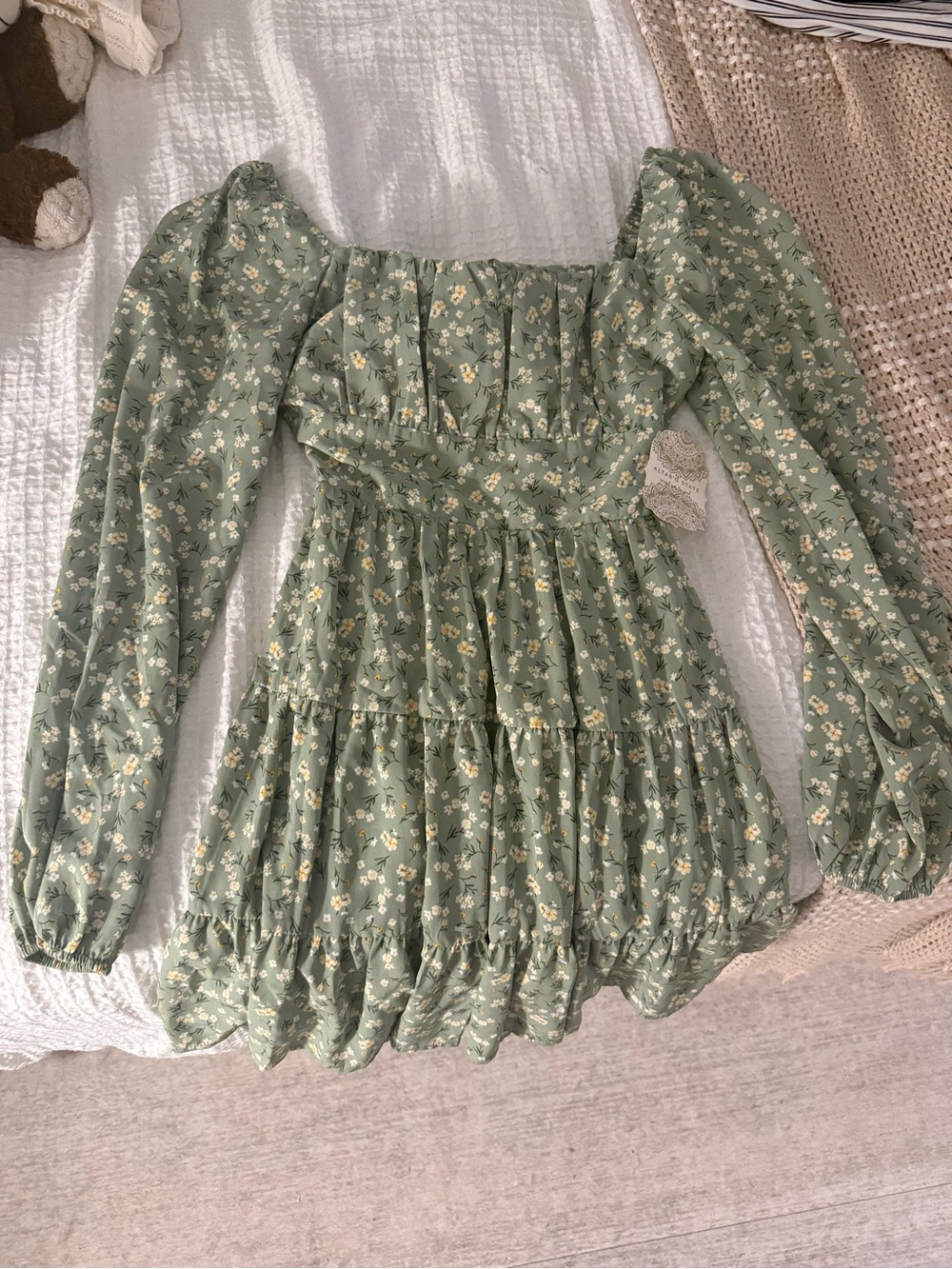 Altard State Green Floral Puff-Sleeve Dress